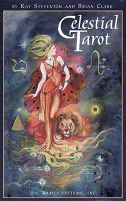 Celestial tarot deck cover art featuring a woman, a lion, and astrological symbols in mystical colors