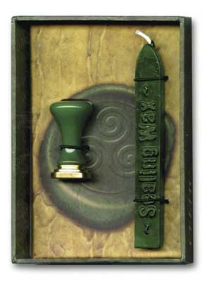 Wolf Moon Azure Celtic sealing wax kit with green wax, seal stamp, and embossed designs