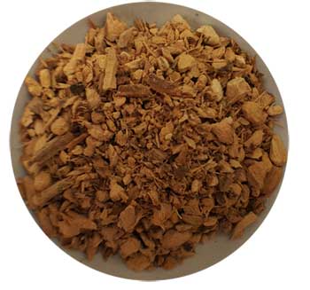 Dried and chopped john galangal root herb from Wolf Moon Azure in a circular dish