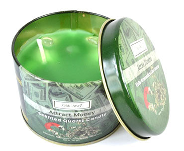 Green attract money candle in a tin container with money design label from Wolfmoon.store