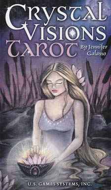 Crystal Visions Tarot Deck by Jennifer Galasso featuring mystical artwork of a woman holding glowing crystals