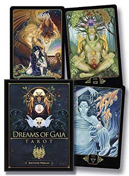 Dreams of Gaia Tarot deck featuring intricate artwork on cards and a beautifully designed box