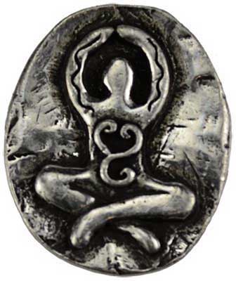 Wolf Moon Azure goddess pocket stone pewter pendant with seated meditating goddess in lotus pose and spiral chest detail