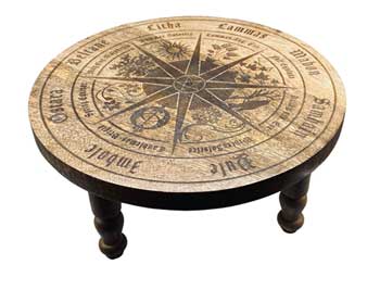 Wolf Moon Azure round rustic wooden pagan altar table with engraved compass sigils and turned legs