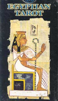 Egyptian tarot deck book cover with ancient Egyptian art of a seated figure holding a staff