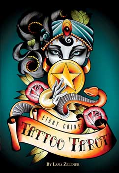 Eight Coins Tattoo Tarot deck book cover featuring tattoo style art with a woman holding a coin