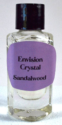 Envision Crystal Sandalwood Oil for Meditation in a clear bottle with a purple label
