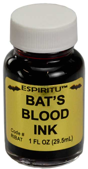 Bat's Blood ink for rituals in a 1 fluid ounce bottle with black ink and yellow label