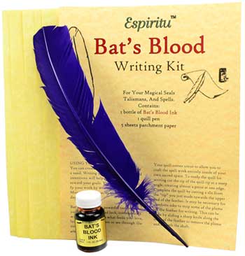 Bat's Blood writing kit with a purple feather quill, ink bottle, and parchment paper for magical spells