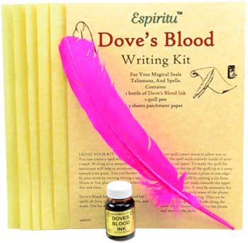 Dove's Blood ink writing kit featuring a pink feather quill, ink bottle, and parchment sheets