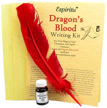 Dragon's Blood writing kit featuring a red feather quill, ink bottle, and parchment paper for magical writing.