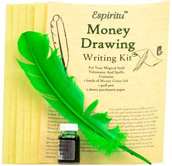 Espiritu Money Drawing Writing Kit with Green Feather Quill, Ink Bottle, and Parchment Paper