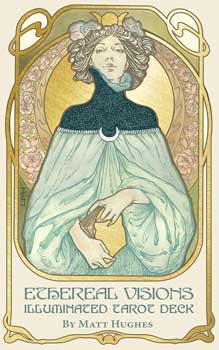 Ethereal Visions tarot deck card featuring a mystical woman with flowing robes holding a book