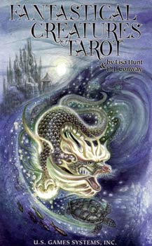 Fantastical Creatures tarot deck book cover featuring a mythical dragon-like creature and a castle in a mystical landscape