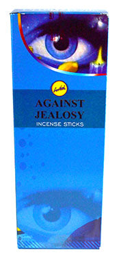 Against Jealousy incense sticks in a blue box featuring an eye design for a calming aroma experience