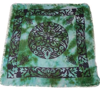 Green Man altar cloth from wolf moon azure tie dye green square cloth with central leafy face design and border
