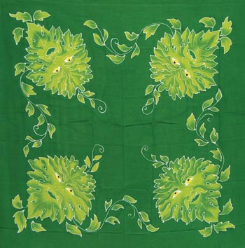 Wolf Moon Azure Green Man altar cloth green linen with four leaf face motifs and swirling vine border