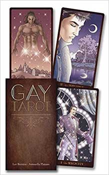 Gay Tarot deck book featuring illustrated tarot cards with diverse LGBTQ+ themes