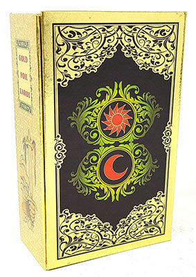 Gold Rider Waite tarot deck book with ornate black and gold decorative cover design