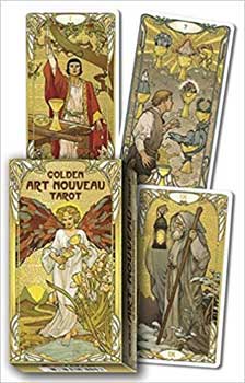 Golden Art Nouveau tarot deck book with illustrated mystical tarot cards from www.Wolfmoon.store
