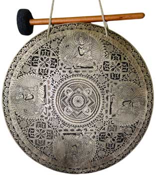 18 inch Tara gong for sale with intricate designs and a mallet for sound healing practices