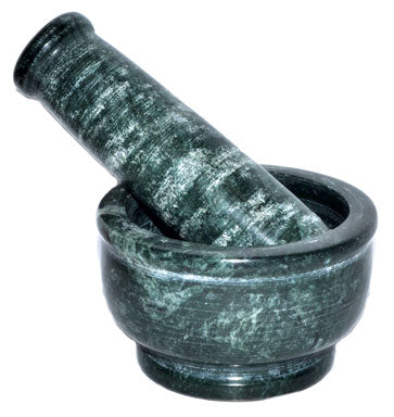 Green marble mortar and pestle set by Wolf Moon Azure for grinding herbs and spices