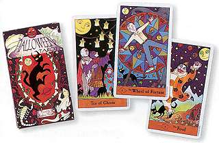 Halloween Tarot deck with colorful spooky-themed tarot cards including The Moon and The Fool