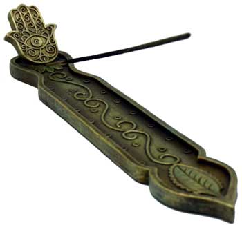 Hamsa hand ash holder by Wolf Moon Azure for incense sticks with intricate design and leaf accents