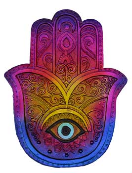 Hamsa hand incense burner in vibrant colors with intricate designs and an eye motif