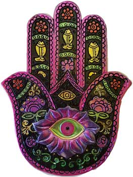 Colorful Hamsa incense burner with intricate designs and an eye motif for burning incense safely