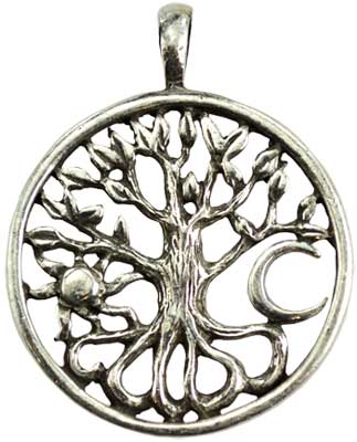 Wolf Moon Azure Celtic Tree of Life necklace silver round pendant with sun and crescent moon
