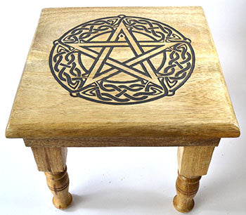 Wolf Moon Azure rustic wooden pentagram altar table with engraved Celtic knot circle on square top