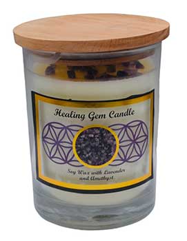 Healing gemstone soy candle with lavender and amethyst in clear glass jar with wooden lid from Wolfmoon store
