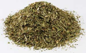 Lemon verbena leaf cut from Wolf Moon Azure in a fine, green, dried herb pile for herbal blends