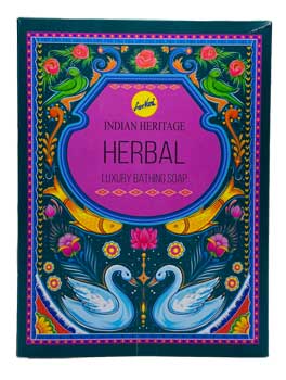 Wolf Moon Azure Herbal Soap Indian Heritage in a vibrant package featuring artistic swans and floral designs