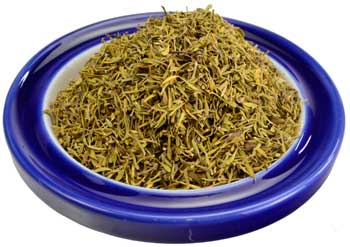 Dried whole thyme leaf for metaphysical use in a blue ceramic bowl, ideal for rituals and spellwork