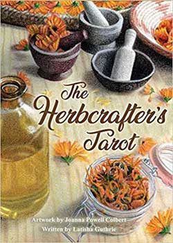 The Herbcrafter's Tarot deck book cover featuring herbs, mortar and pestle, and floral artwork