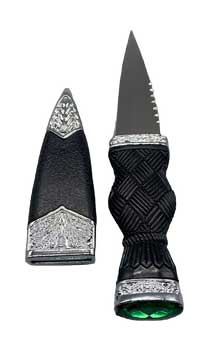 Wolf Moon Azure green Scottish dirk for sale carved black handle silver fittings jeweled green pommel and matching sheath