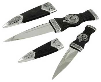 Wolf Moon Azure Scottish sgian athame set black handled daggers with silver Celtic thistle fittings and sheaths