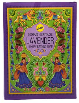 Indian Heritage Lavender Soap with Colorful Traditional Artwork and Luxurious Bathtub Experience