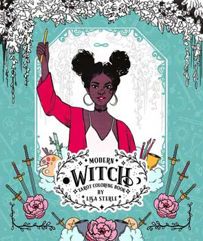 Modern witch tarot coloring book cover by Wolf Moon Azure featuring a woman with afro puffs holding a pencil