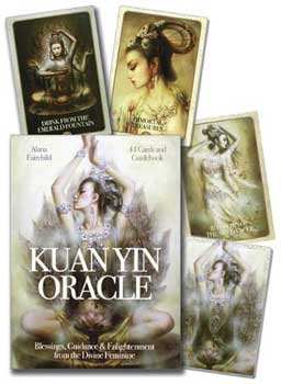 Kuan Yin oracle deck book and cards featuring serene mystical artwork for guidance and enlightenment