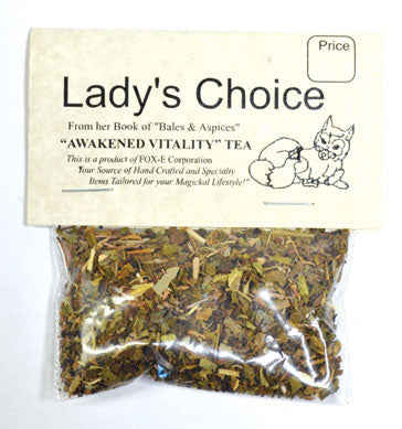 Lady's Choice Awakened Vitality tea herbal blend in a sealed bag for enhancing wellness