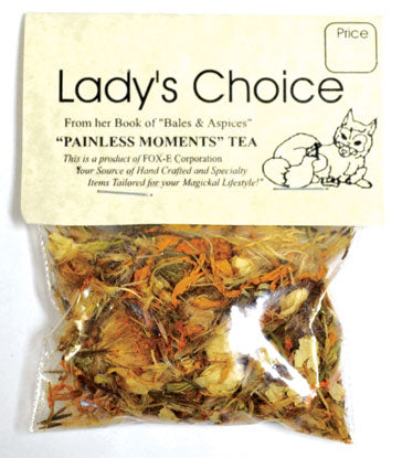 Lady's Choice Painless Moments herbal tea blend with colorful dried herbs for soothing relaxation