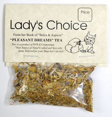 Lady's Choice Pleasant Dreams herbal tea packaging with dried herbs for a calming night’s sleep