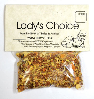 Singer's herbal tea for throat by Wolf Moon Azure, packaged in a decorative bag with floral blends
