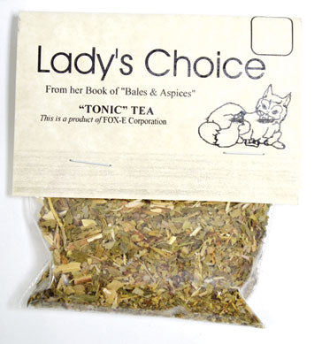 Herbal blend of Lady's Choice Tonic Tea for wellness in a clear packaging with label