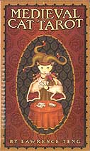 Medieval cat tarot deck book cover featuring an illustrated medieval cat character in period clothing