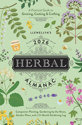 Wolf Moon Azure book cover 2026 Herbal Almanac by Llewellyn. Green botanical illustrations and title
