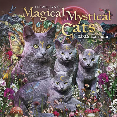 Wolf Moon Azure 2026 mystical cats calendar cover showing four gray mystical cats with moons flowers and butterflies